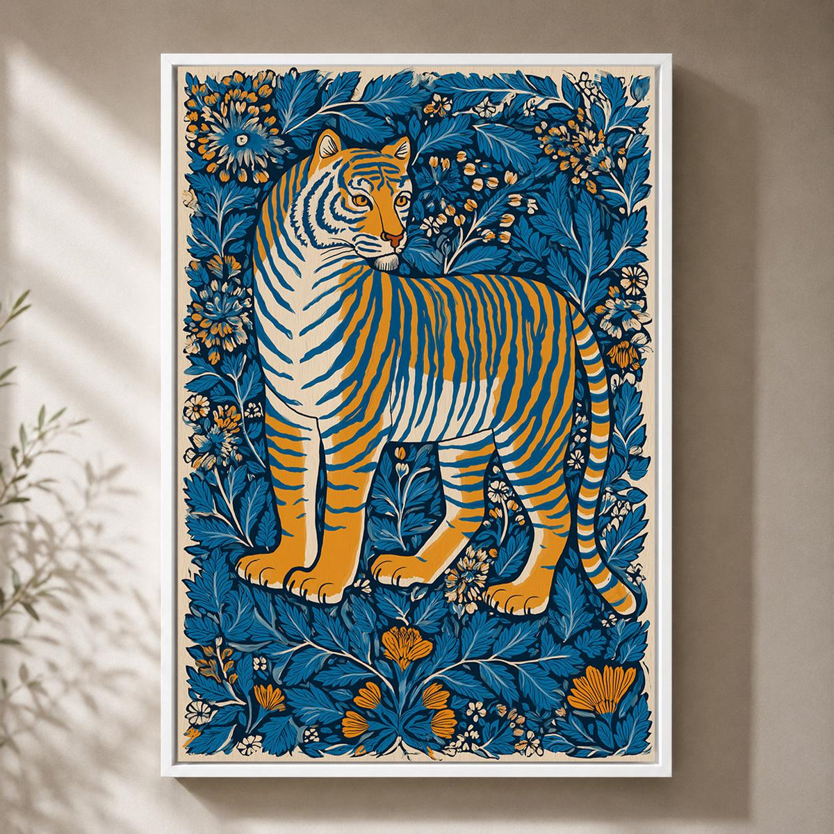 Tiger Folk Art Framed Canvas Print, Scandinavian Botanical Jungle Nursery Decor by The Wall Art Studio - physical