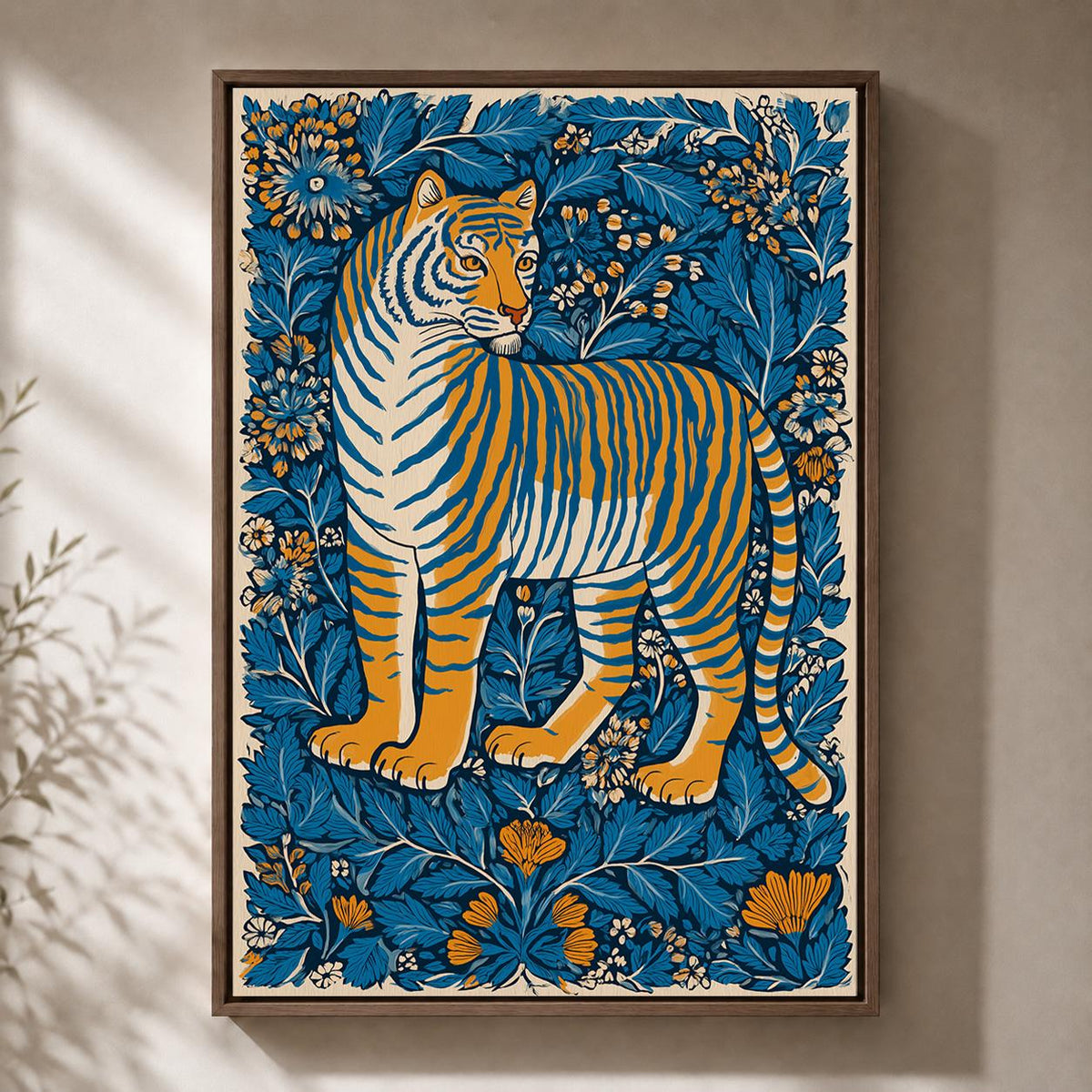 Tiger Folk Art Framed Canvas Print, Scandinavian Botanical Jungle Nursery Decor by The Wall Art Studio - physical