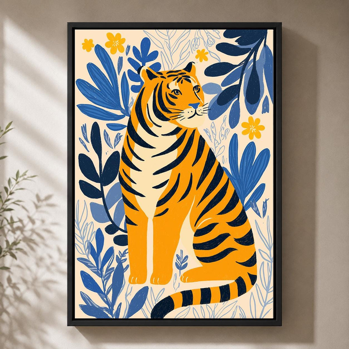 Tiger Folk Art Framed Canvas Print, Scandinavian Botanical Jungle Nursery Decor by The Wall Art Studio - physical