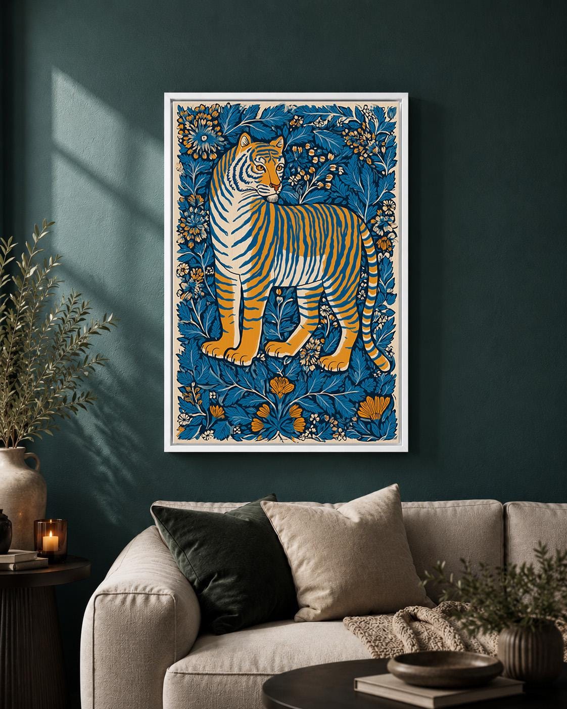 Tiger Folk Art Framed Canvas Print, Scandinavian Botanical Jungle Nursery Decor by The Wall Art Studio - physical