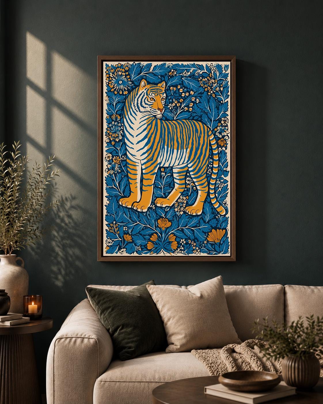 Tiger Folk Art Framed Canvas Print, Scandinavian Botanical Jungle Nursery Decor by The Wall Art Studio - physical
