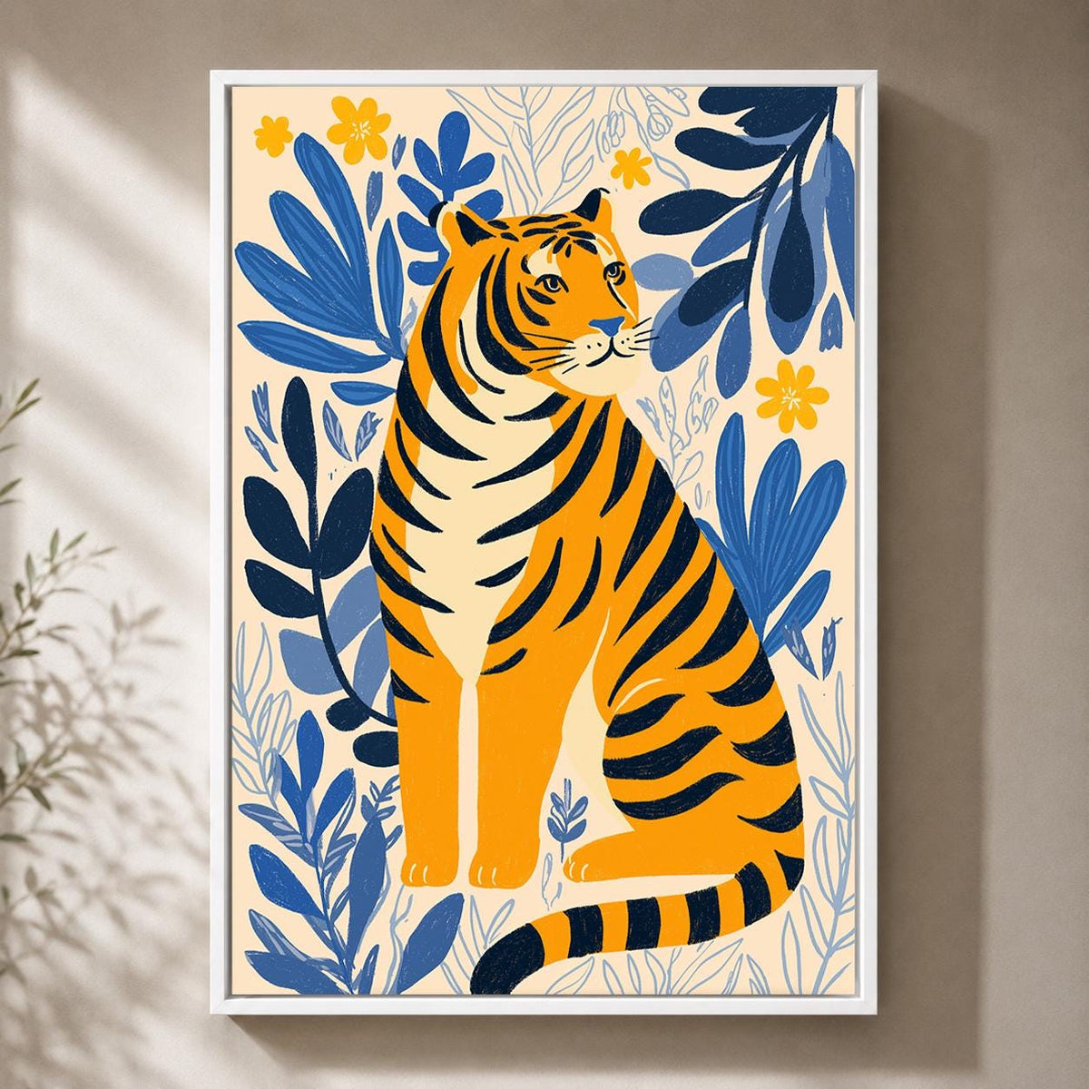 Tiger Folk Art Framed Canvas Print, Scandinavian Botanical Jungle Nursery Decor by The Wall Art Studio - physical