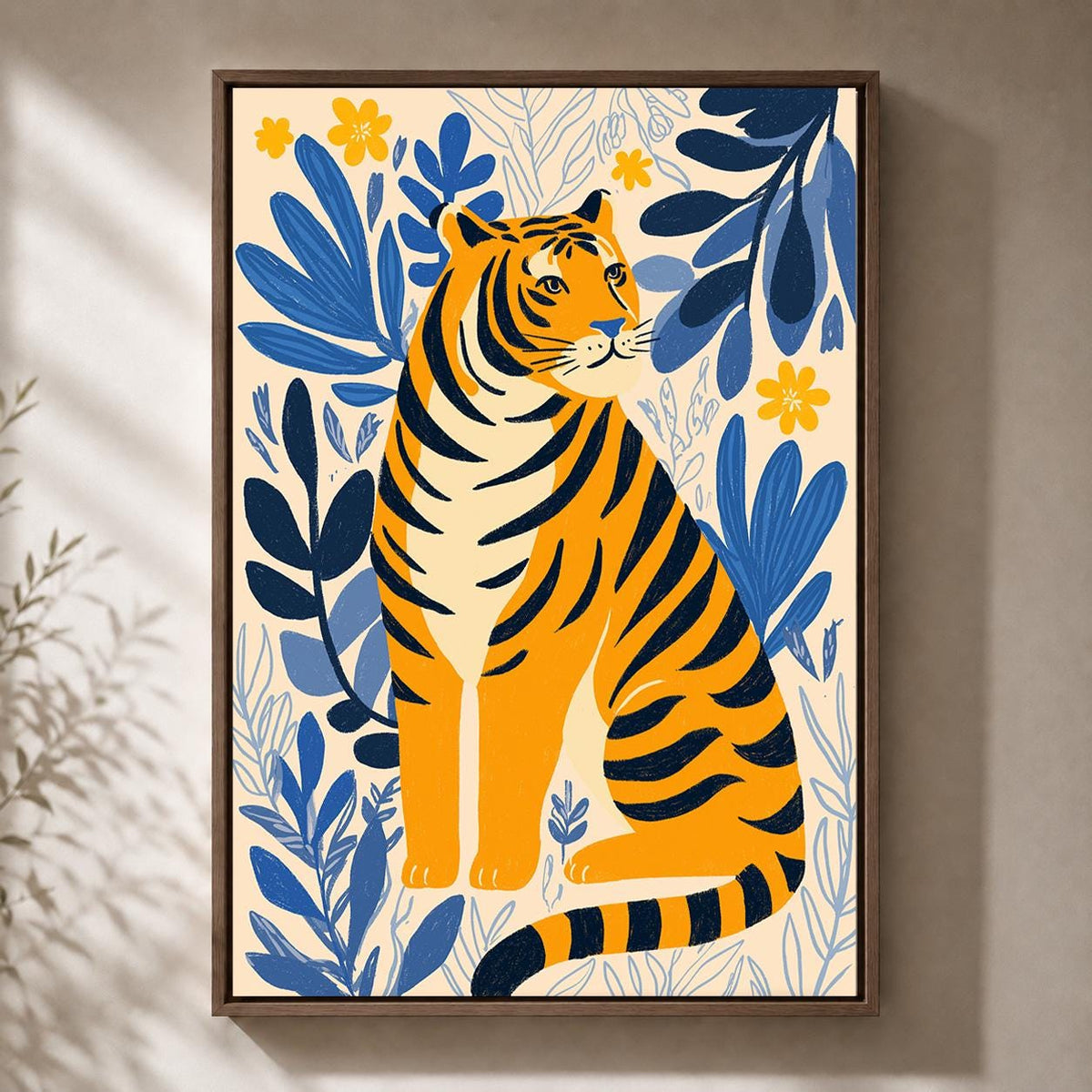 Tiger Folk Art Framed Canvas Print, Scandinavian Botanical Jungle Nursery Decor by The Wall Art Studio - physical