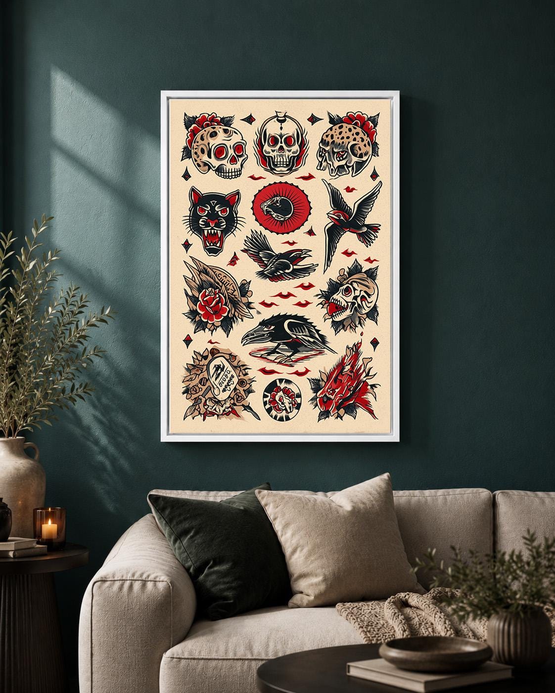 Traditional Tattoo Flash Framed Canvas Art, Skull Raven Panther Print, Old School Decor by The Wall Art Studio - physical