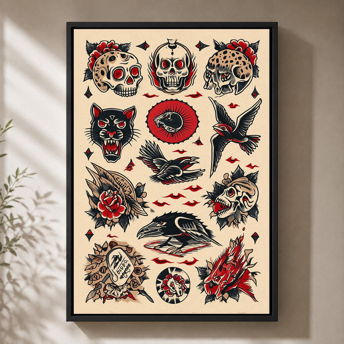 Traditional Tattoo Flash Framed Canvas Art, Skull Raven Panther Print, Old School Decor by The Wall Art Studio - physical