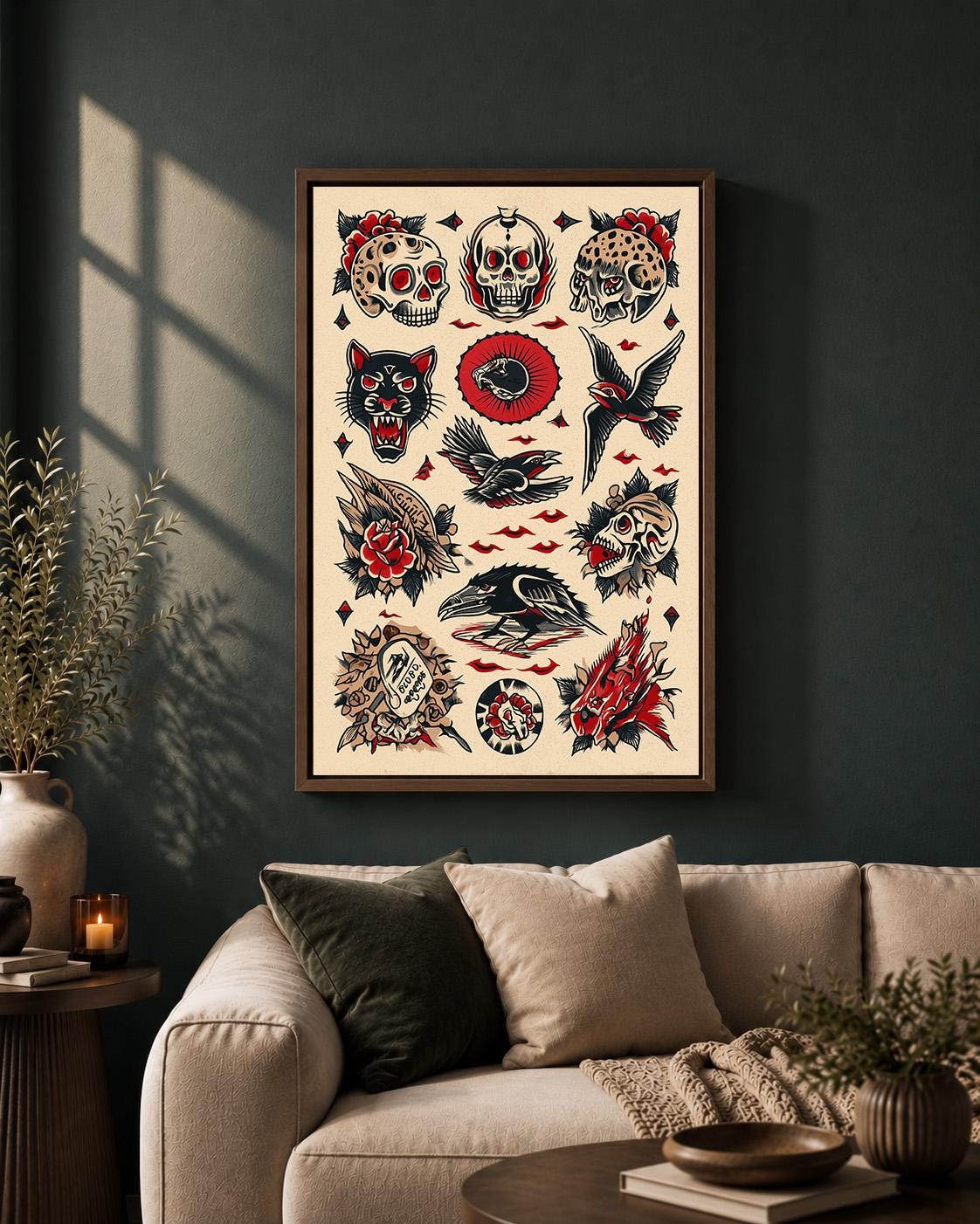 Traditional Tattoo Flash Framed Canvas Art, Skull Raven Panther Print, Old School Decor by The Wall Art Studio - physical