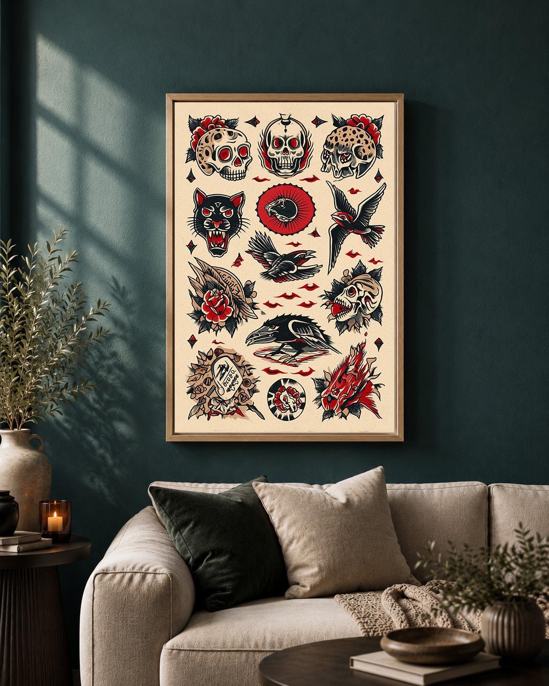Traditional Tattoo Flash Framed Canvas Art, Skull Raven Panther Print, Old School Decor by The Wall Art Studio - physical