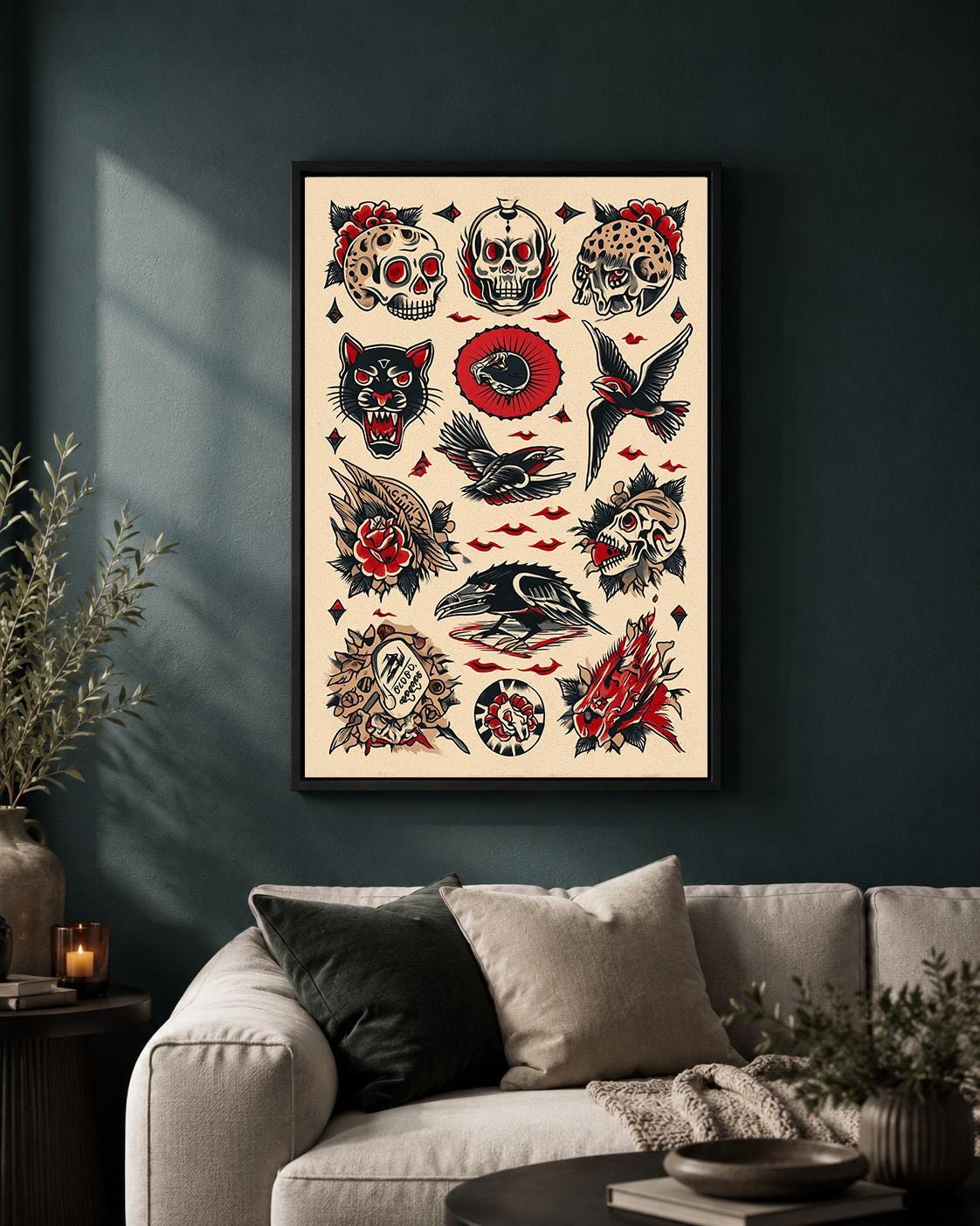 Traditional Tattoo Flash Framed Canvas Art, Skull Raven Panther Print, Old School Decor by The Wall Art Studio - physical