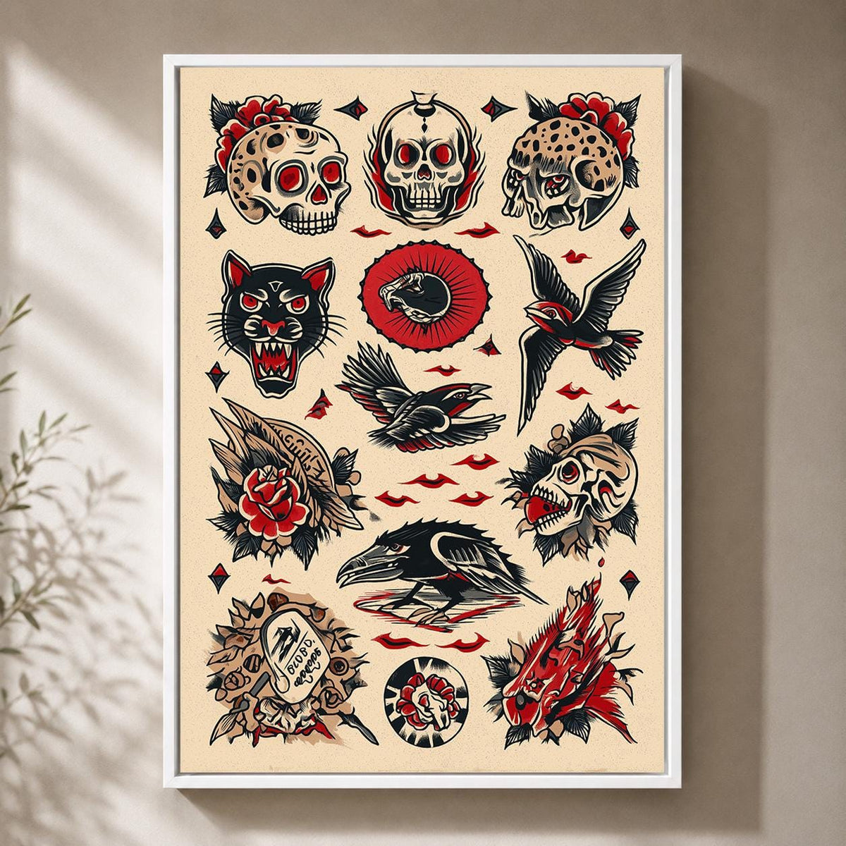 Traditional Tattoo Flash Framed Canvas Art, Skull Raven Panther Print, Old School Decor by The Wall Art Studio - physical