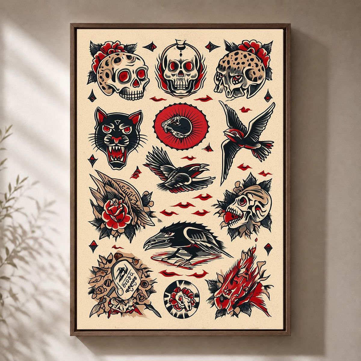 Traditional Tattoo Flash Framed Canvas Art, Skull Raven Panther Print, Old School Decor by The Wall Art Studio - physical