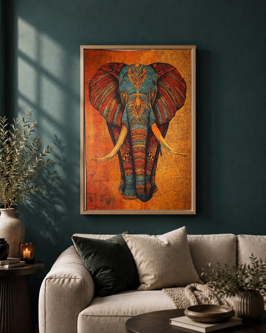 Tribal Elephant Framed Canvas Art, Boho Safari Animal Print, Maximalist Wall Decor by The Wall Art Studio - physical