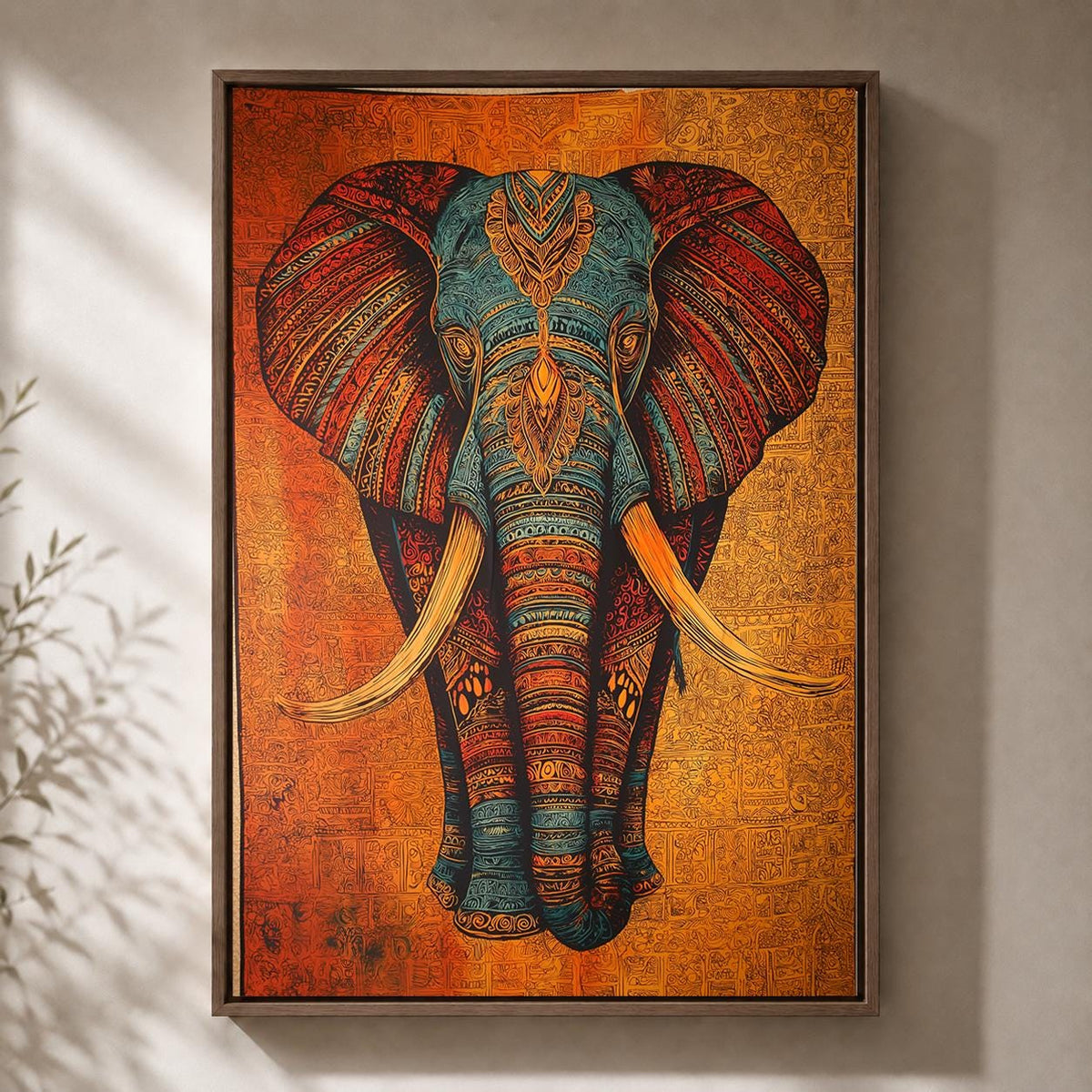 Tribal Elephant Framed Canvas Art, Boho Safari Animal Print, Maximalist Wall Decor by The Wall Art Studio - physical