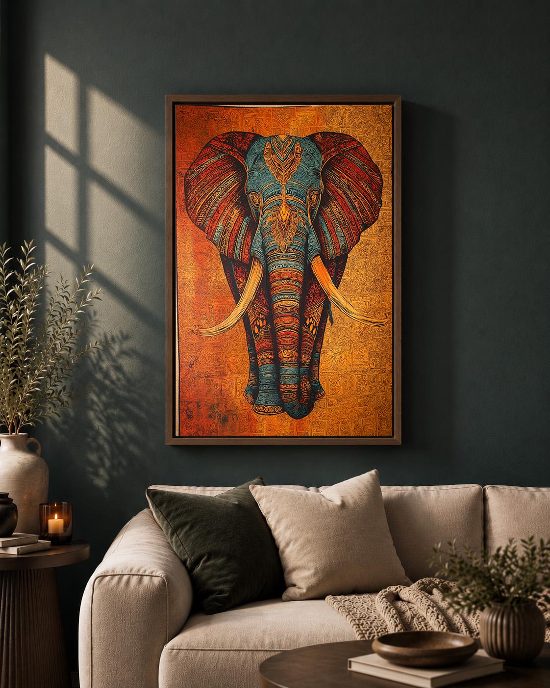 Tribal Elephant Framed Canvas Art, Boho Safari Animal Print, Maximalist Wall Decor by The Wall Art Studio - physical