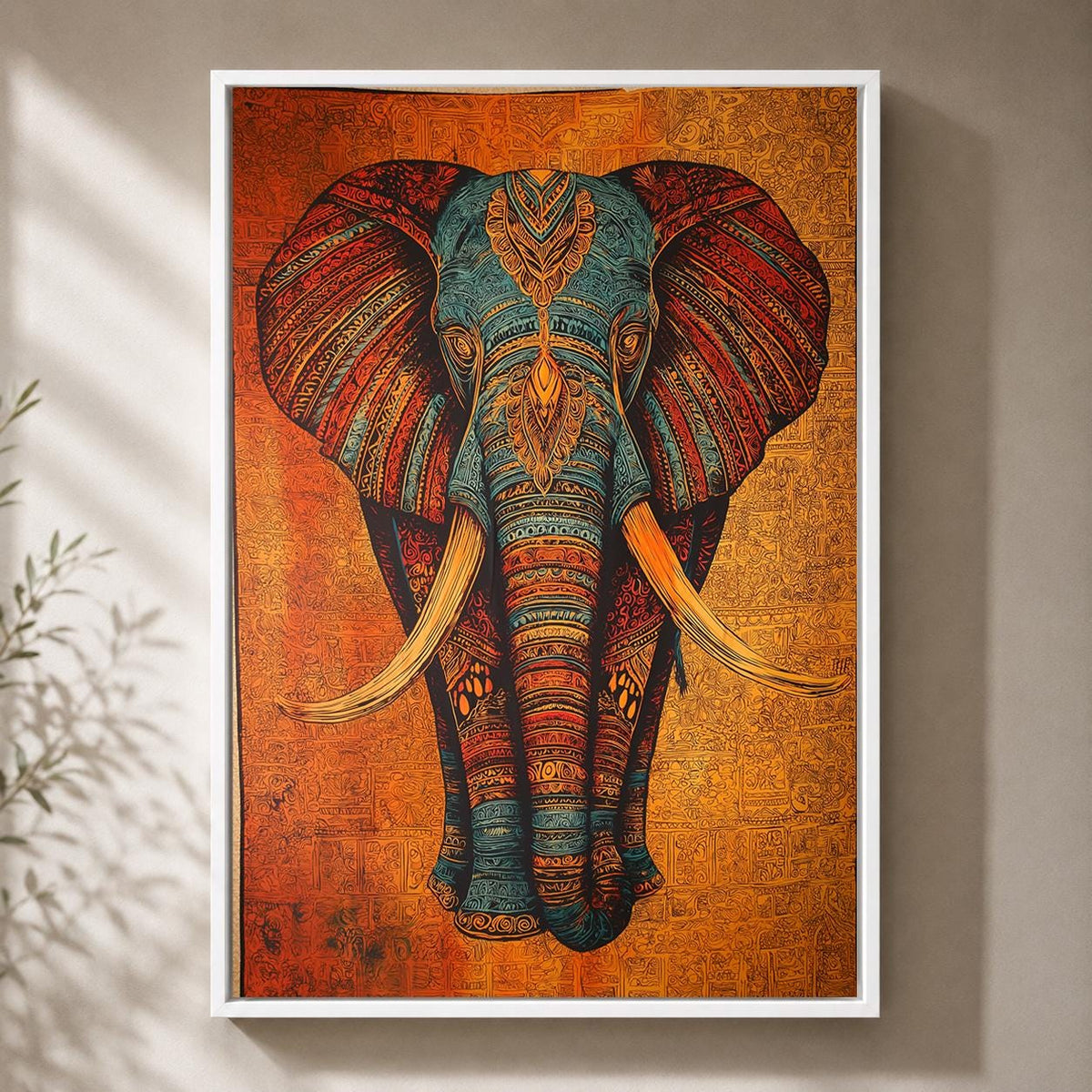 Tribal Elephant Framed Canvas Art, Boho Safari Animal Print, Maximalist Wall Decor by The Wall Art Studio - physical