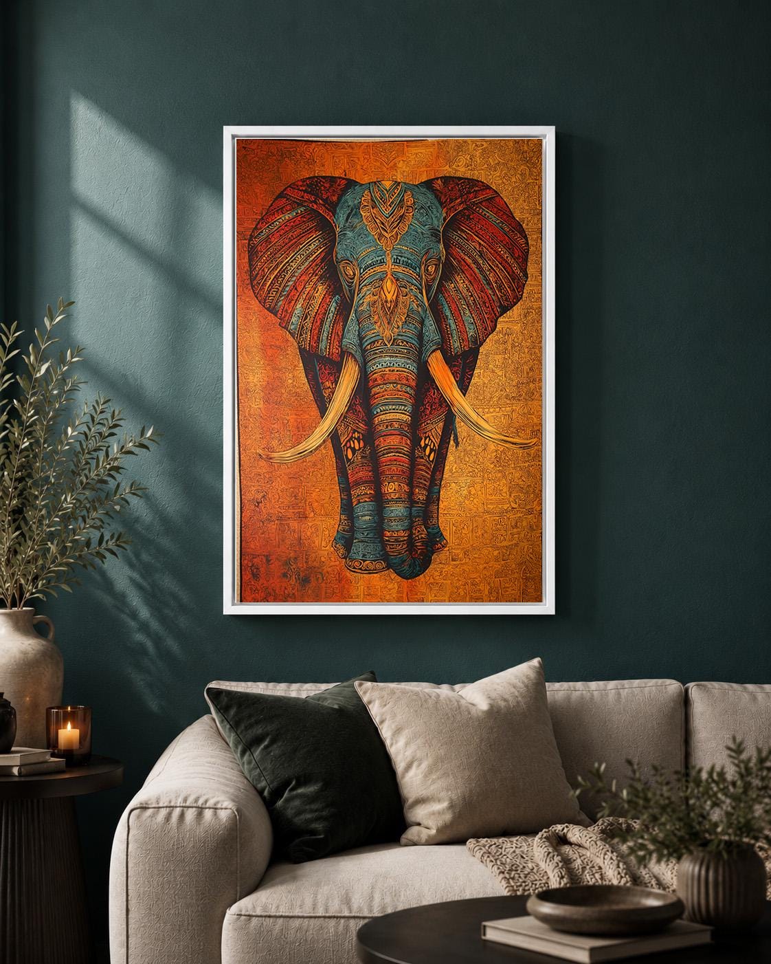 Tribal Elephant Framed Canvas Art, Boho Safari Animal Print, Maximalist Wall Decor by The Wall Art Studio - physical