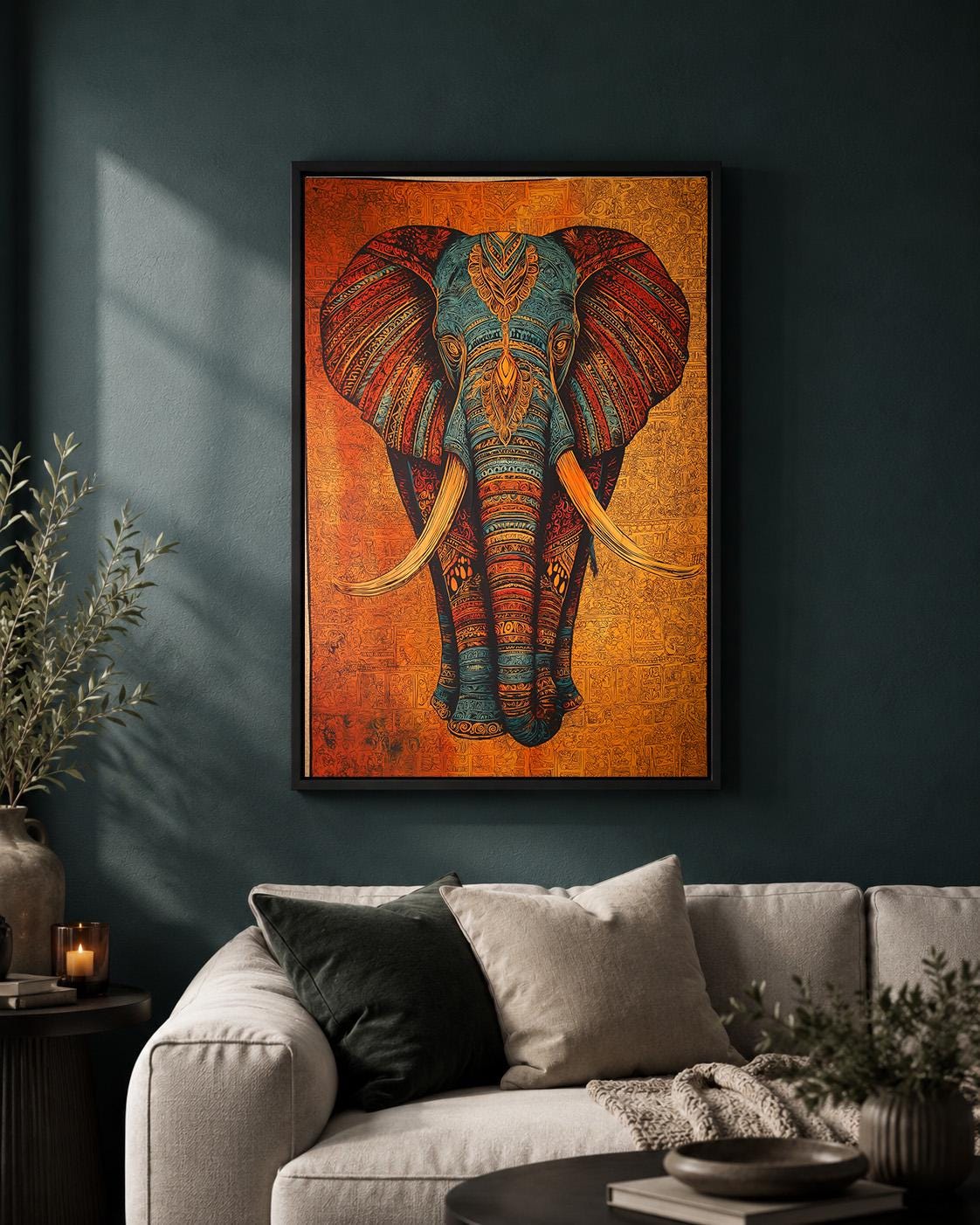 Tribal Elephant Framed Canvas Art, Boho Safari Animal Print, Maximalist Wall Decor by The Wall Art Studio - physical