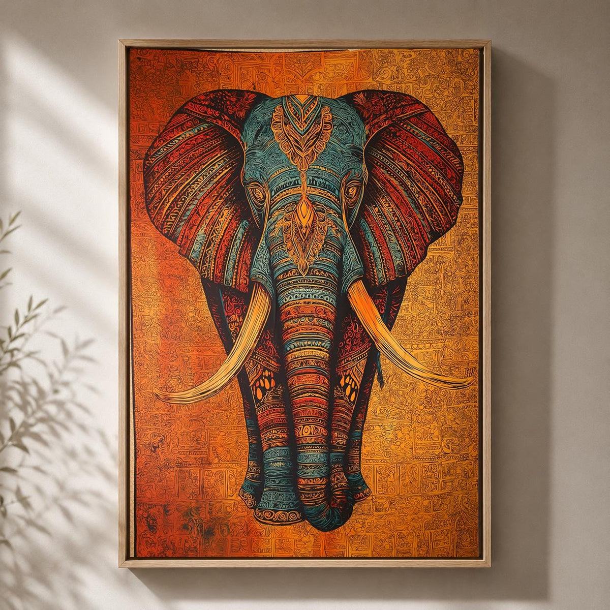 Tribal Elephant Framed Canvas Art, Boho Safari Animal Print, Maximalist Wall Decor by The Wall Art Studio - physical
