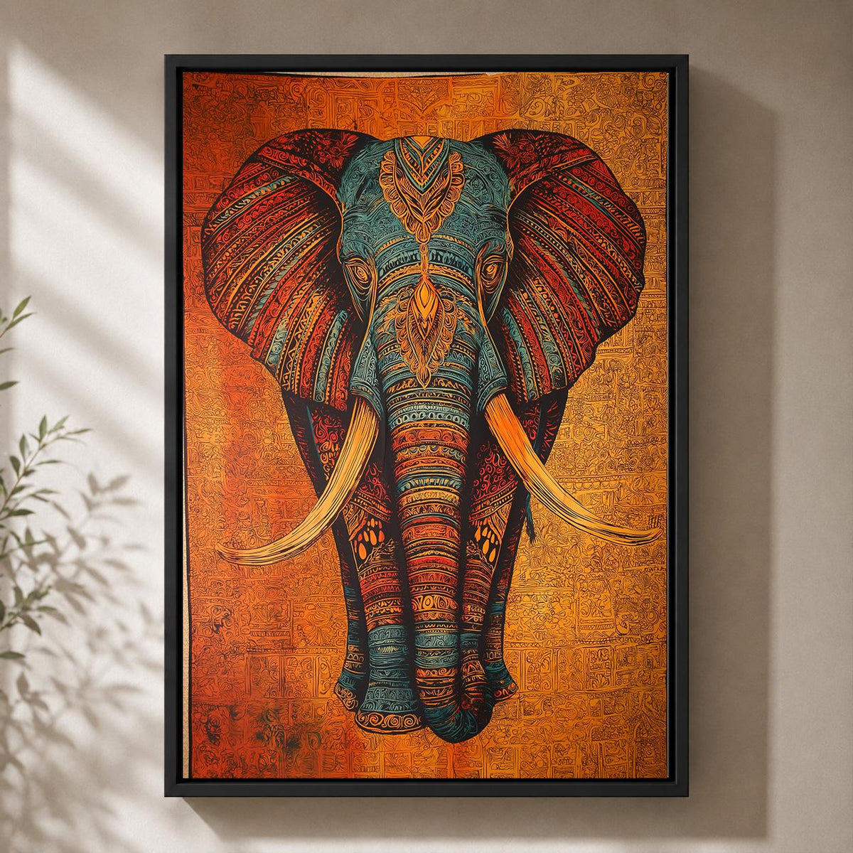 Tribal Elephant Framed Canvas Art, Boho Safari Animal Print, Maximalist Wall Decor by The Wall Art Studio - physical