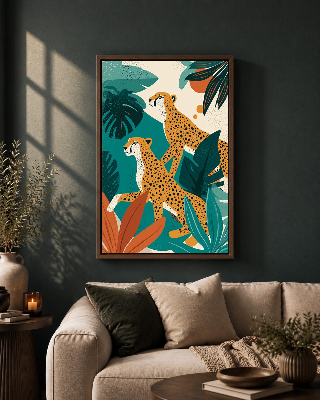 Tropical Cheetah Framed Canvas Art, Jungle Safari Mid Century Modern Leopard Decor by The Wall Art Studio - physical