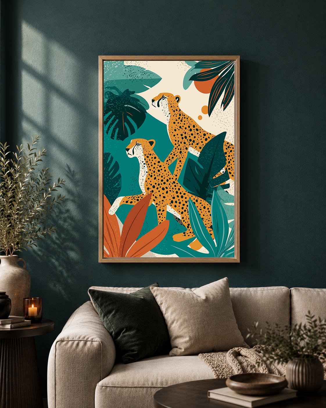 Tropical Cheetah Framed Canvas Art, Jungle Safari Mid Century Modern Leopard Decor by The Wall Art Studio - physical