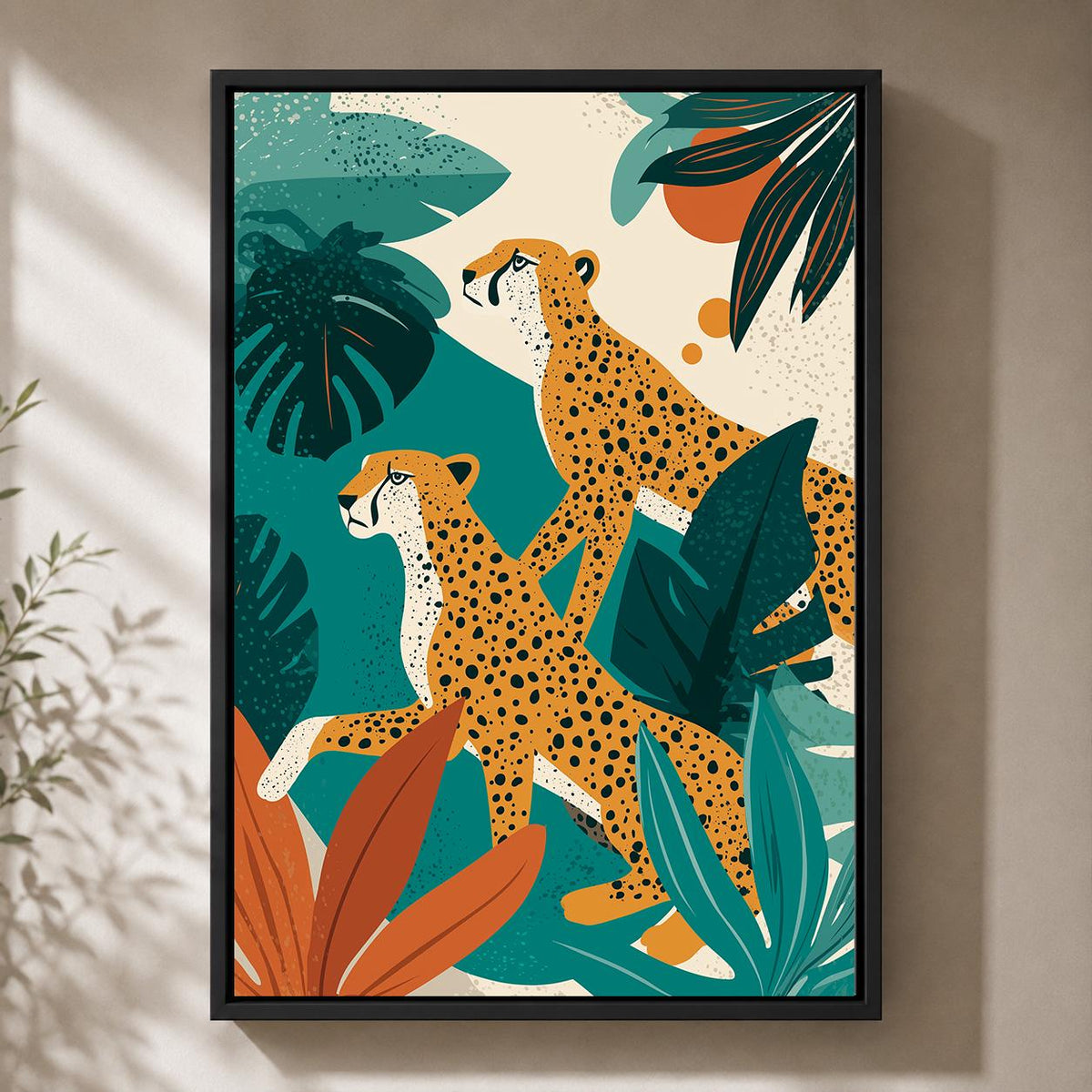 Tropical Cheetah Framed Canvas Art, Jungle Safari Mid Century Modern Leopard Decor by The Wall Art Studio - physical