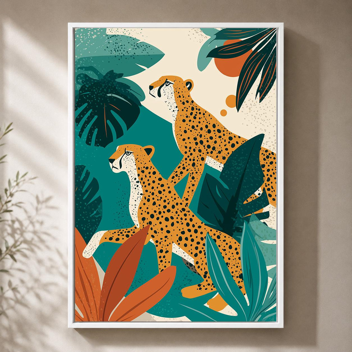 Tropical Cheetah Framed Canvas Art, Jungle Safari Mid Century Modern Leopard Decor by The Wall Art Studio - physical
