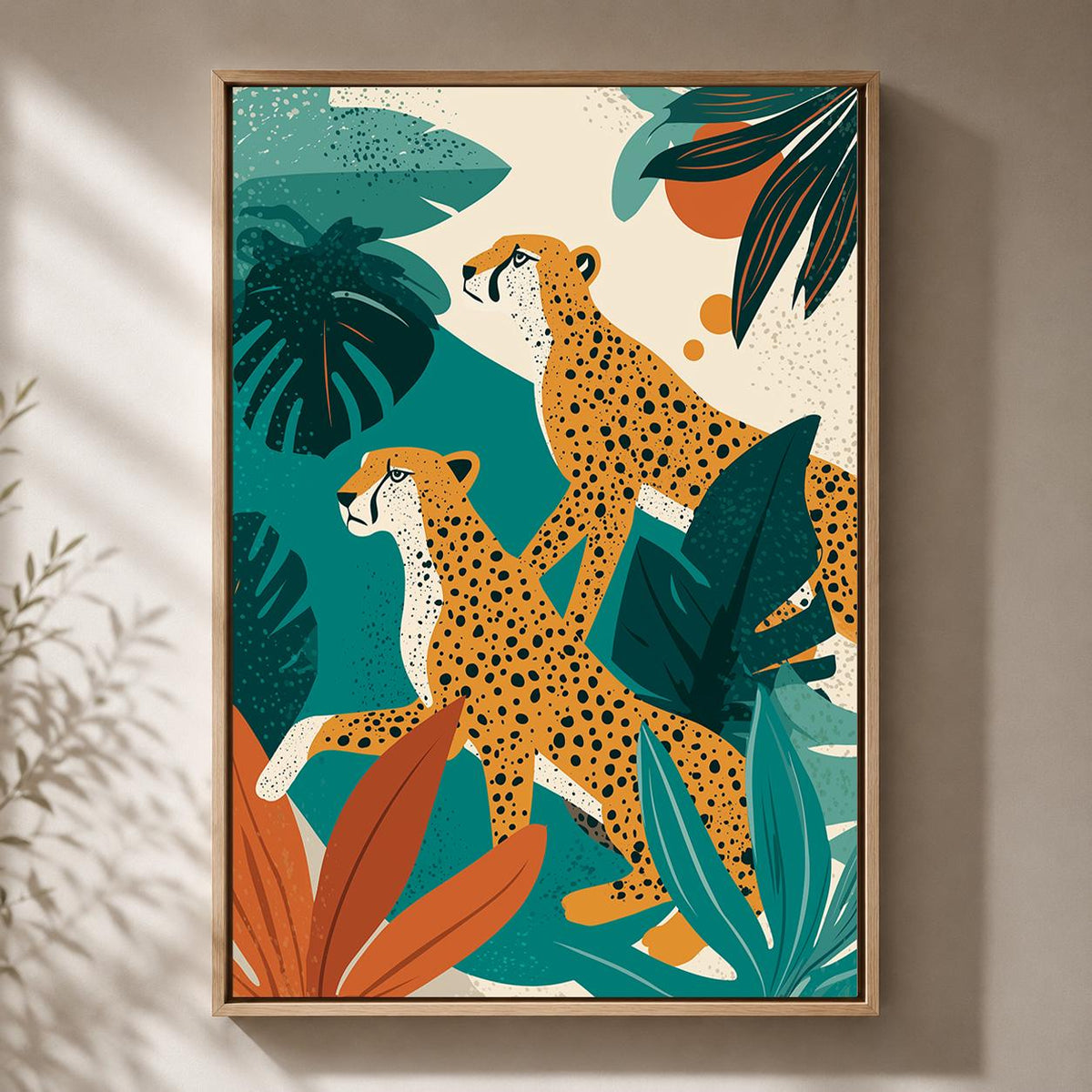 Tropical Cheetah Framed Canvas Art, Jungle Safari Mid Century Modern Leopard Decor by The Wall Art Studio - physical