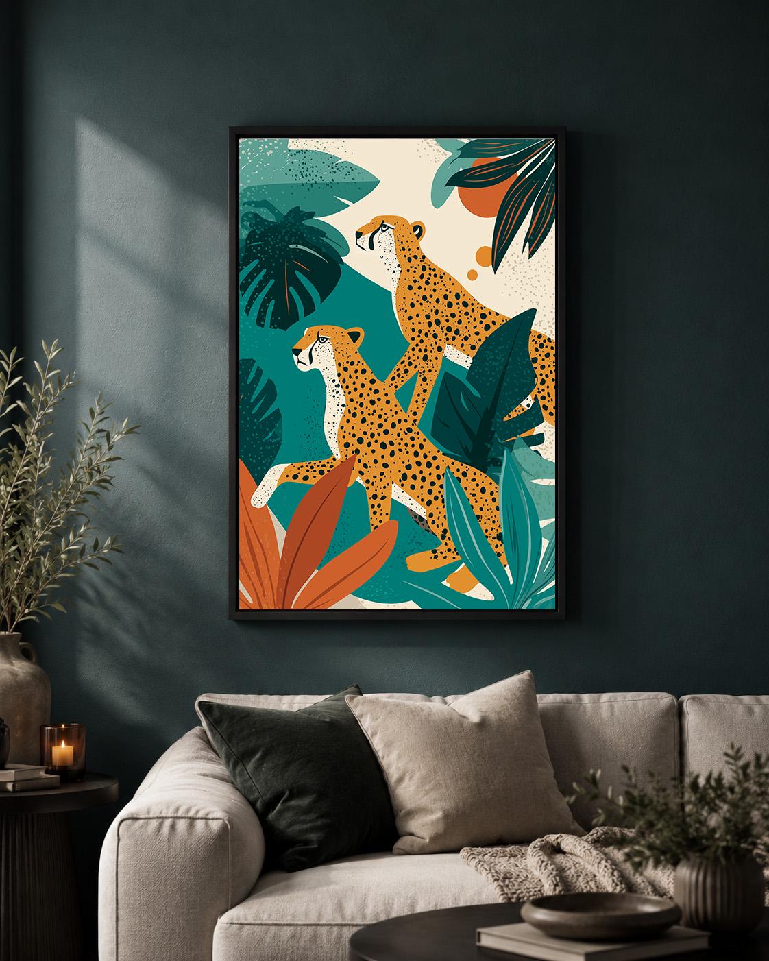 Tropical Cheetah Framed Canvas Art, Jungle Safari Mid Century Modern Leopard Decor by The Wall Art Studio - physical