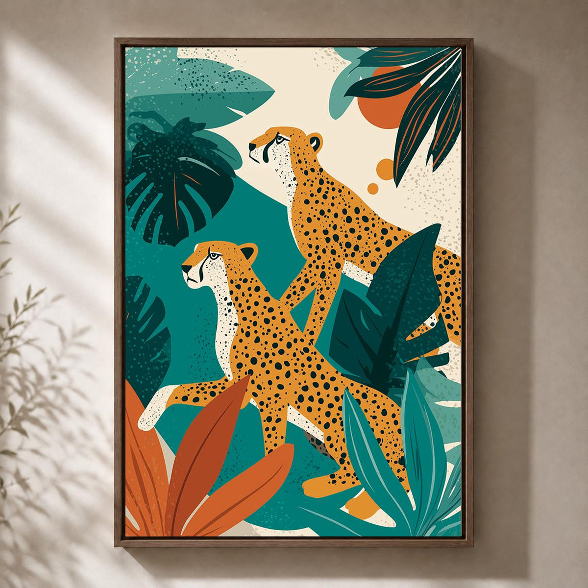 Tropical Cheetah Framed Canvas Art, Jungle Safari Mid Century Modern Leopard Decor by The Wall Art Studio - physical