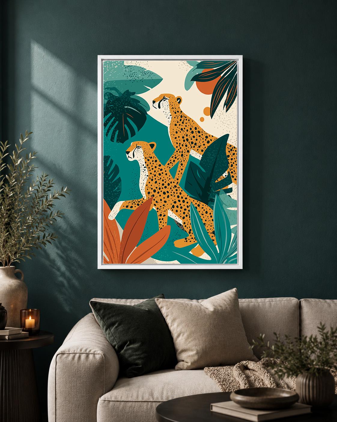 Tropical Cheetah Framed Canvas Art, Jungle Safari Mid Century Modern Leopard Decor by The Wall Art Studio - physical
