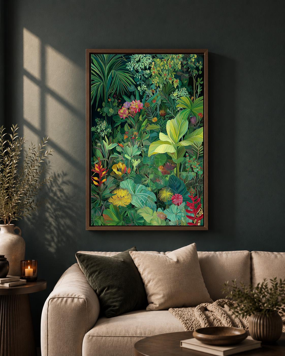 Tropical Jungle Framed Canvas Print, Moody Botanical Wall Art, Exotic Plant Decor by The Wall Art Studio - physical