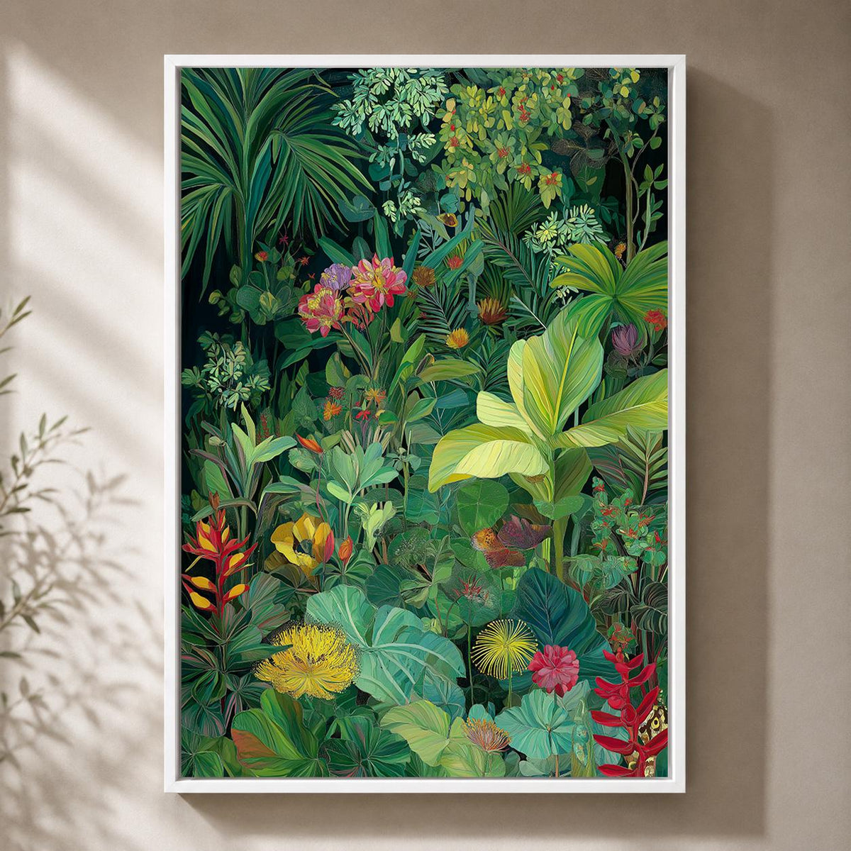 Tropical Jungle Framed Canvas Print, Moody Botanical Wall Art, Exotic Plant Decor by The Wall Art Studio - physical