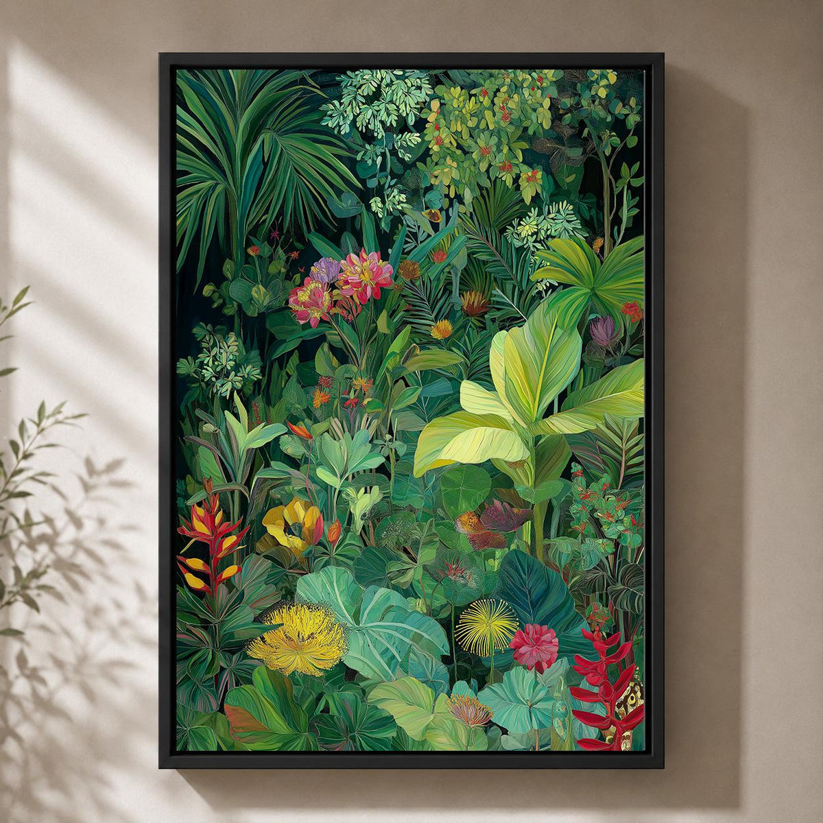 Tropical Jungle Framed Canvas Print, Moody Botanical Wall Art, Exotic Plant Decor by The Wall Art Studio - physical