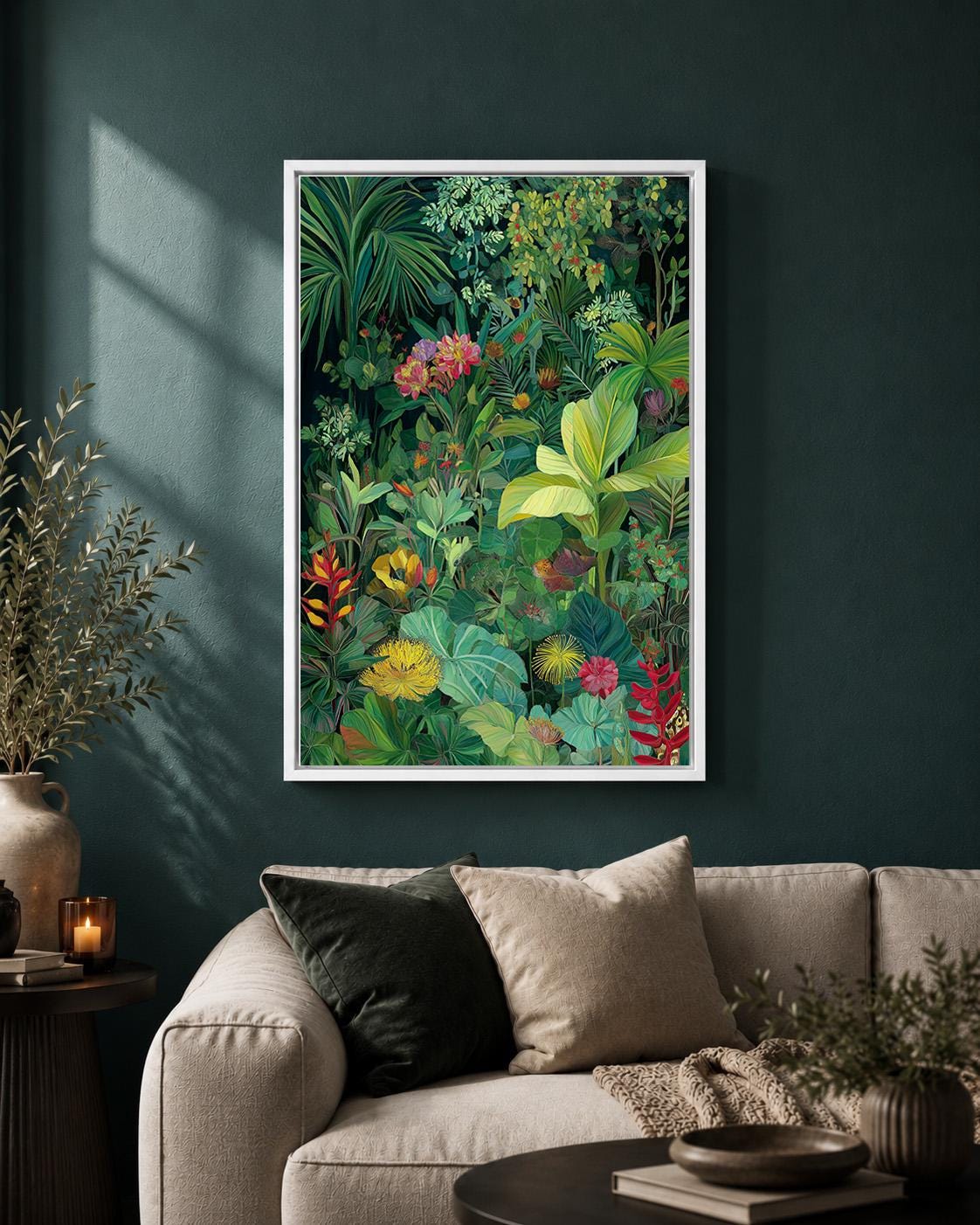Tropical Jungle Framed Canvas Print, Moody Botanical Wall Art, Exotic Plant Decor by The Wall Art Studio - physical