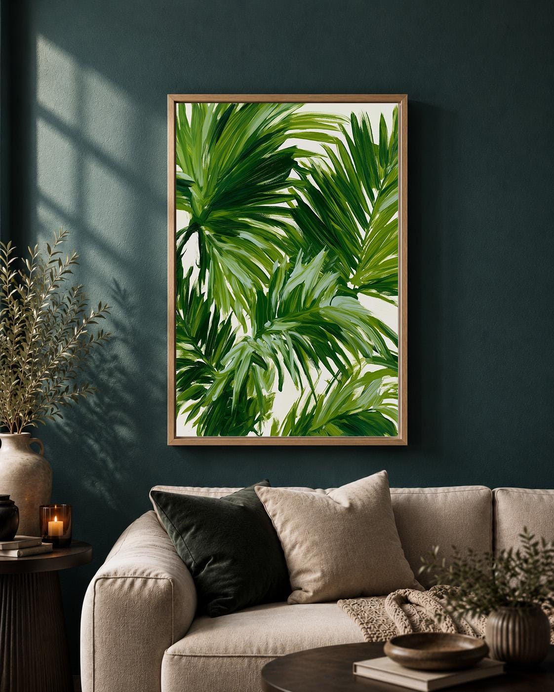 Tropical Palm Leaf Framed Canvas Wall Art, Botanical Framed Canvas, Green Jungle Canvas Wall Art for Modern Home Decor by...
