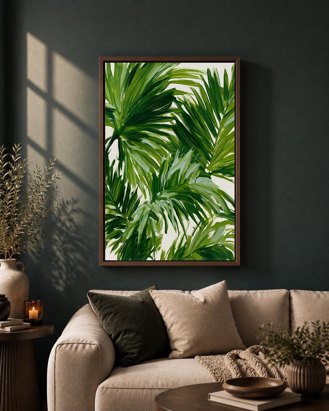 Tropical Palm Leaf Framed Canvas Wall Art, Botanical Framed Canvas, Green Jungle Canvas Wall Art for Modern Home Decor by...