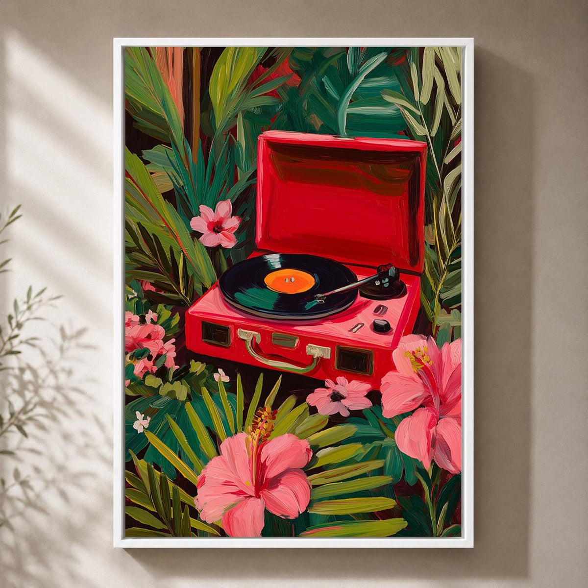 Tropical Record Player Framed Canvas Art, Pink Retro Music Jungle Print by The Wall Art Studio - physical