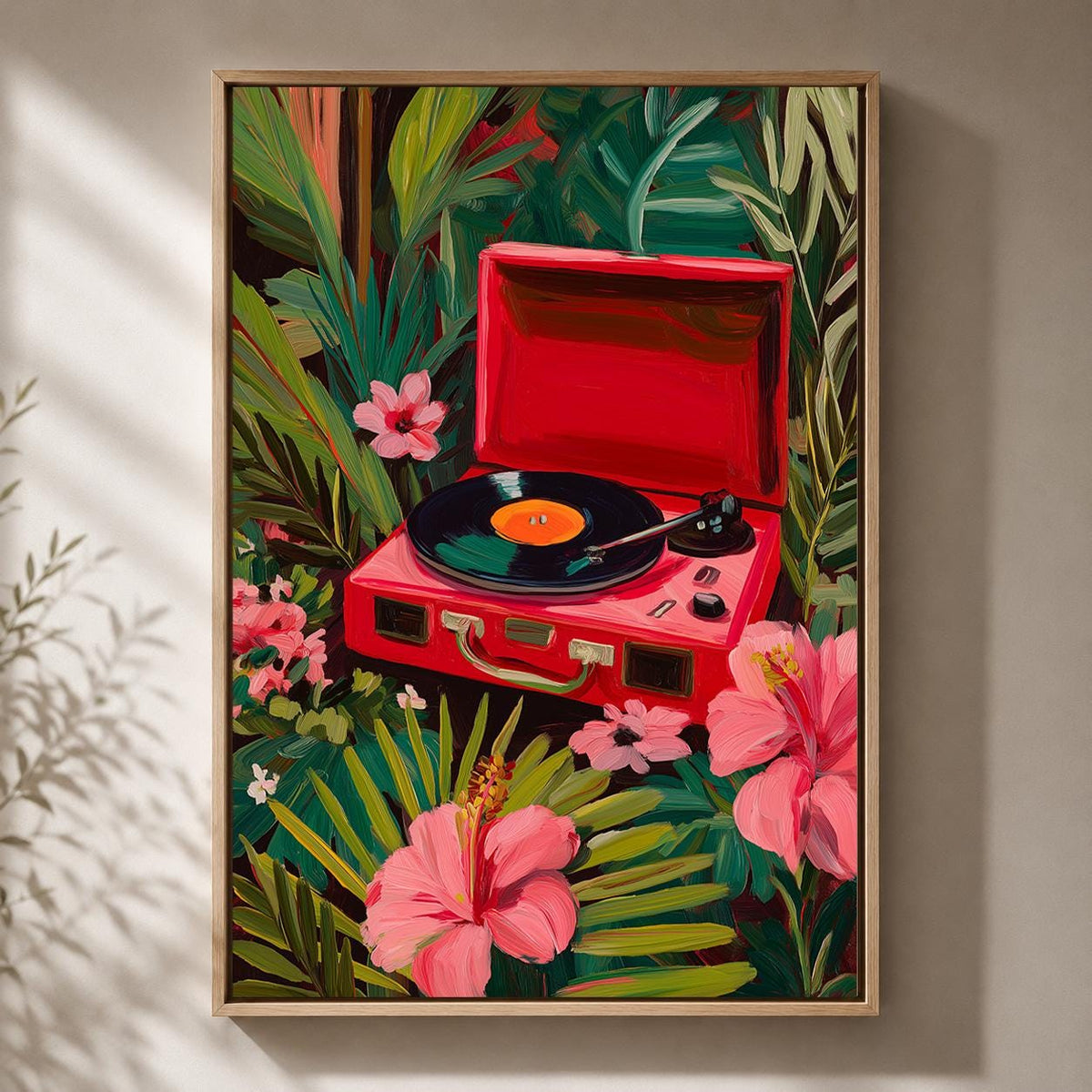 Tropical Record Player Framed Canvas Art, Pink Retro Music Jungle Print by The Wall Art Studio - physical