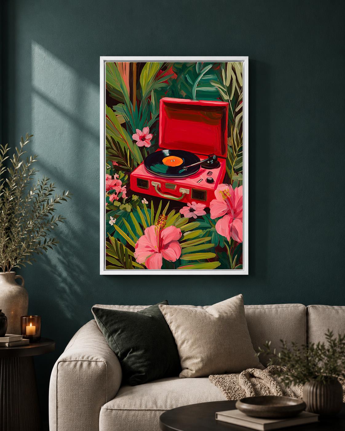 Tropical Record Player Framed Canvas Art, Pink Retro Music Jungle Print by The Wall Art Studio - physical
