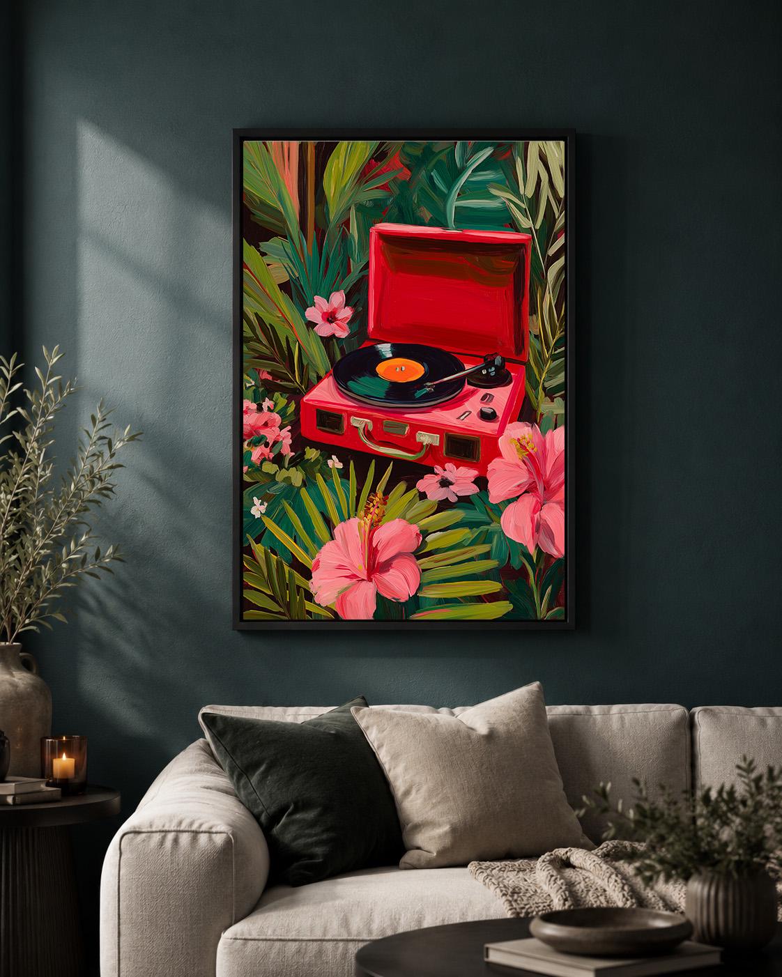 Tropical Record Player Framed Canvas Art, Pink Retro Music Jungle Print by The Wall Art Studio - physical