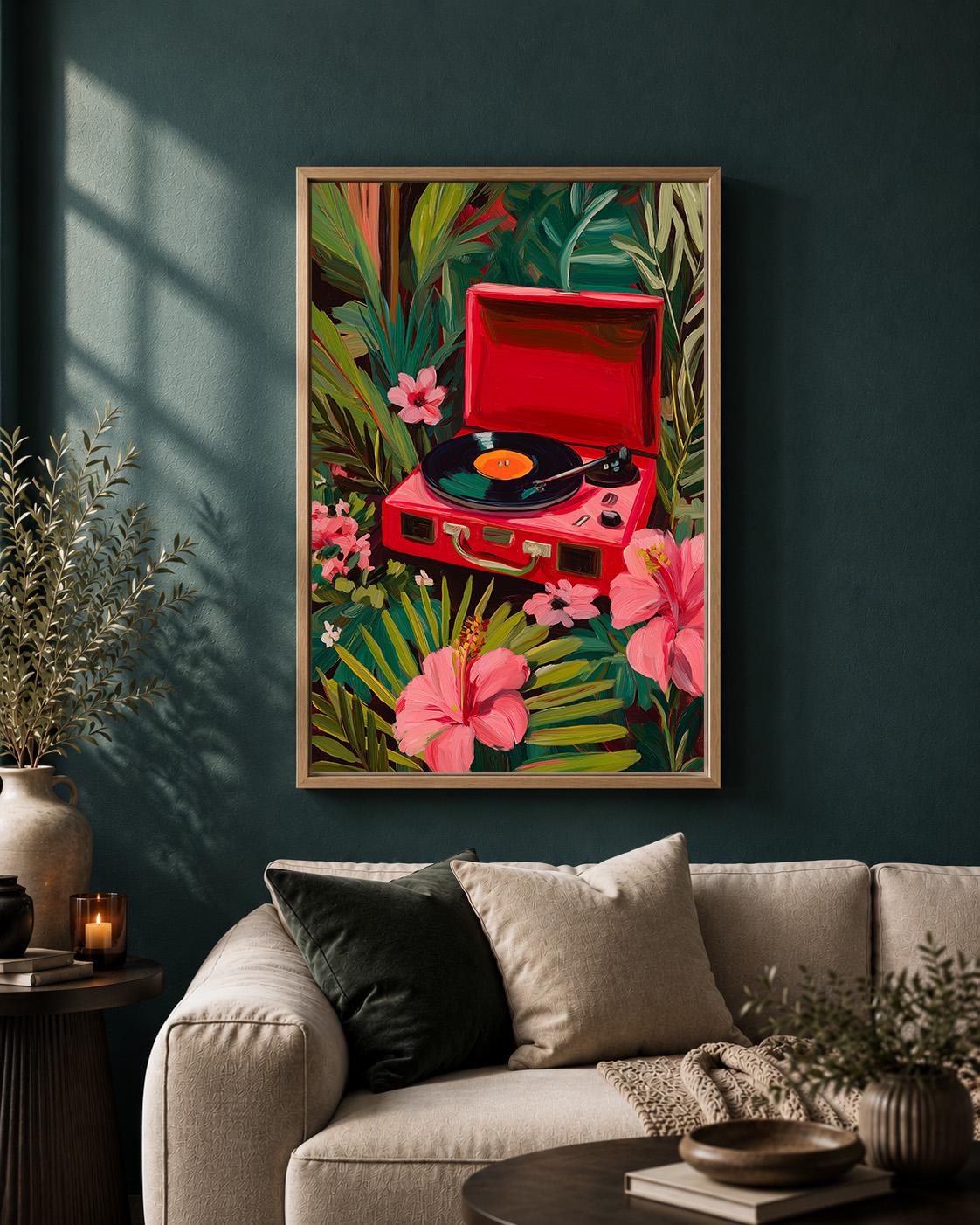 Tropical Record Player Framed Canvas Art, Pink Retro Music Jungle Print by The Wall Art Studio - physical