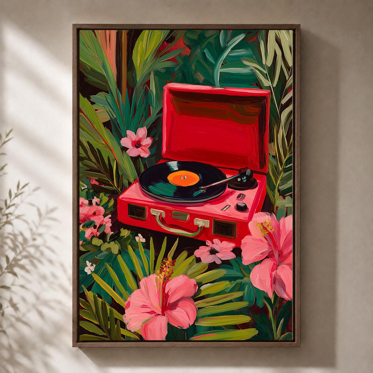 Tropical Record Player Framed Canvas Art, Pink Retro Music Jungle Print by The Wall Art Studio - physical