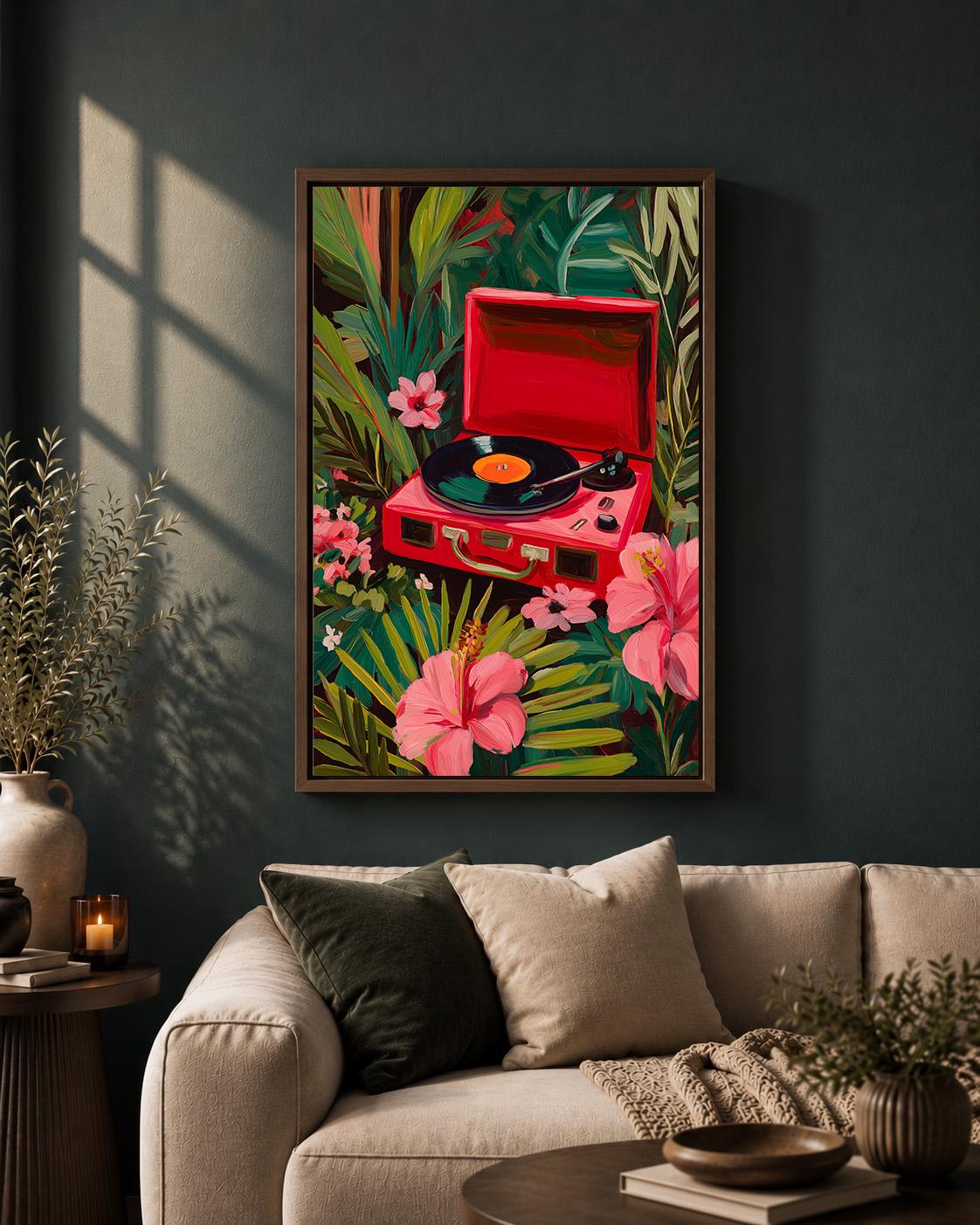 Tropical Record Player Framed Canvas Art, Pink Retro Music Jungle Print by The Wall Art Studio - physical