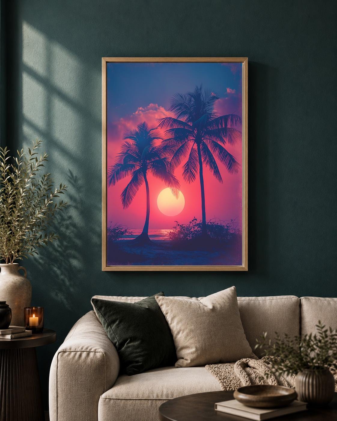 Tropical Sunset Framed Canvas, Palm Tree Wall Art, Vaporwave Beach Canvas, Retro Summer Decor, Pink Purple Coastal Art by...