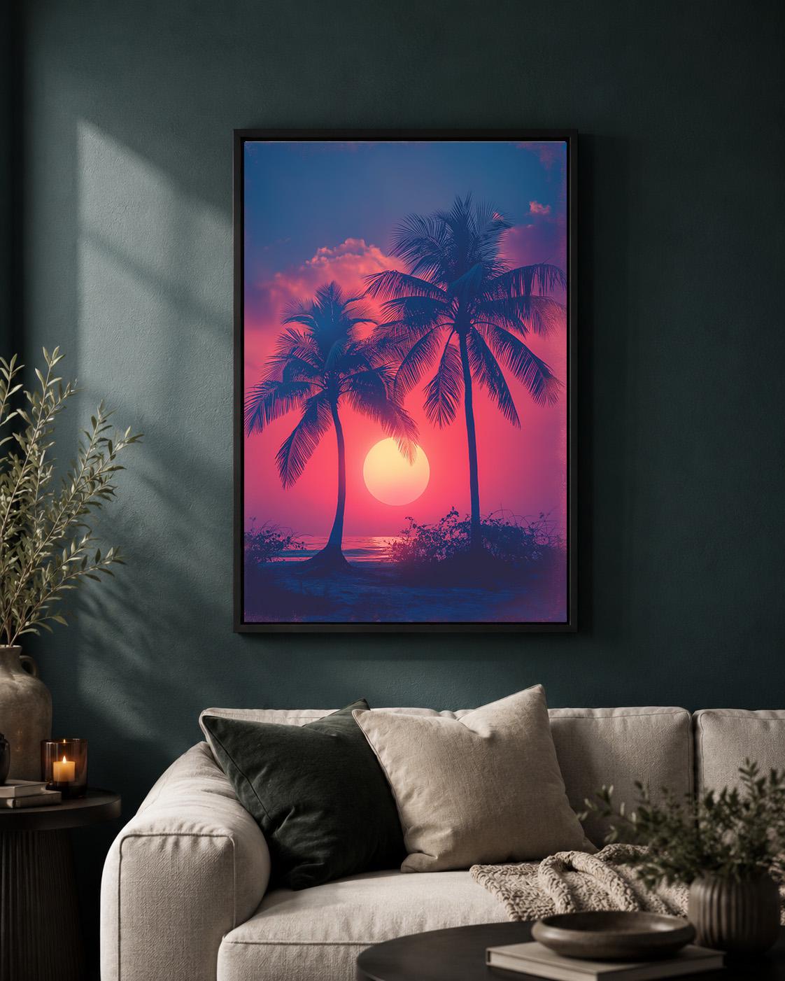 Tropical Sunset Framed Canvas, Palm Tree Wall Art, Vaporwave Beach Canvas, Retro Summer Decor, Pink Purple Coastal Art by...