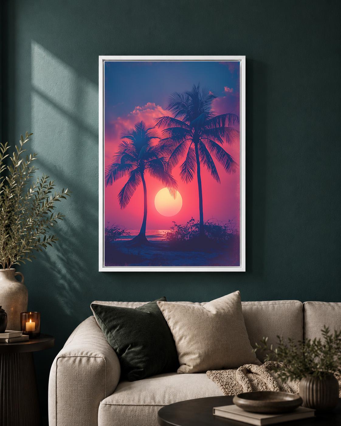 Tropical Sunset Framed Canvas, Palm Tree Wall Art, Vaporwave Beach Canvas, Retro Summer Decor, Pink Purple Coastal Art by...