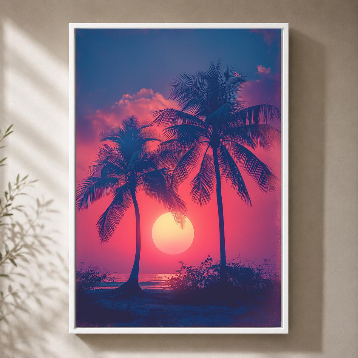 Tropical Sunset Framed Canvas, Palm Tree Wall Art, Vaporwave Beach Canvas, Retro Summer Decor, Pink Purple Coastal Art by...