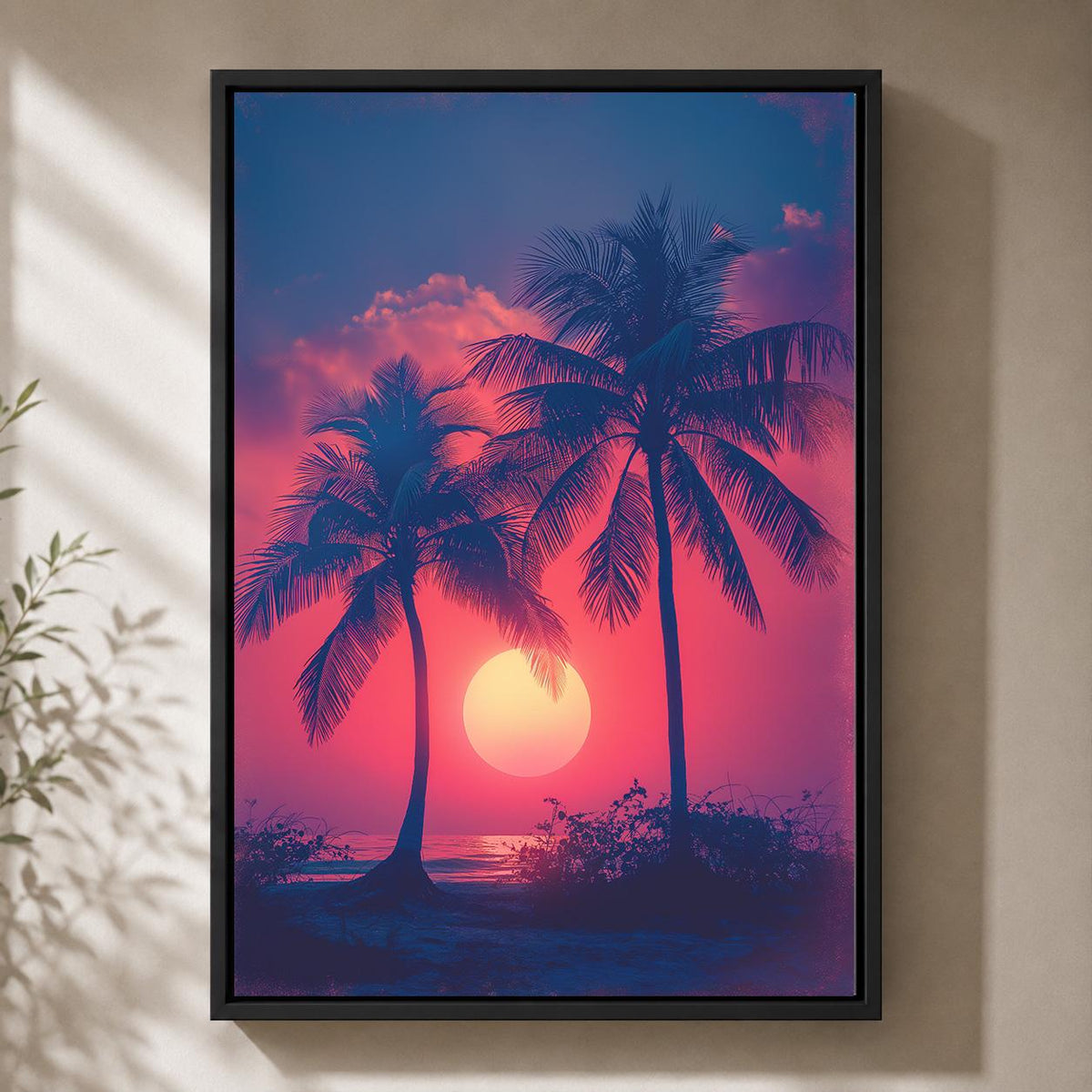 Tropical Sunset Framed Canvas, Palm Tree Wall Art, Vaporwave Beach Canvas, Retro Summer Decor, Pink Purple Coastal Art by...
