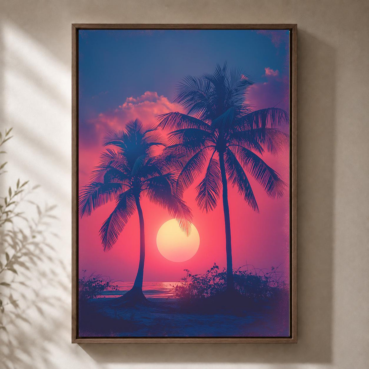 Tropical Sunset Framed Canvas, Palm Tree Wall Art, Vaporwave Beach Canvas, Retro Summer Decor, Pink Purple Coastal Art by...