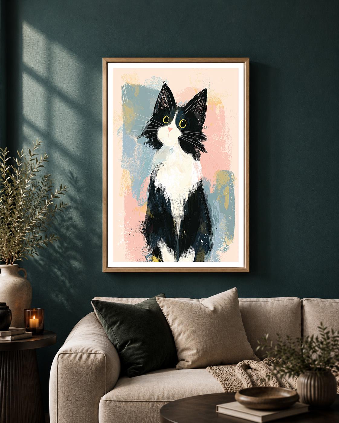 Tuxedo Cat Framed Canvas Art, Whimsical Kitty Print, Modern Pet Lover Decor by The Wall Art Studio - physical
